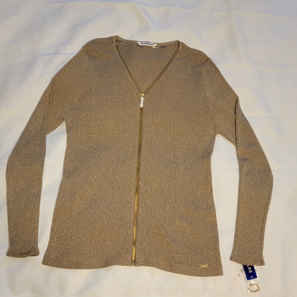 Nygard Sweater Gold Metallic Knit‎ Ribbed Fitted Long Sleeve Full Zip New NWT